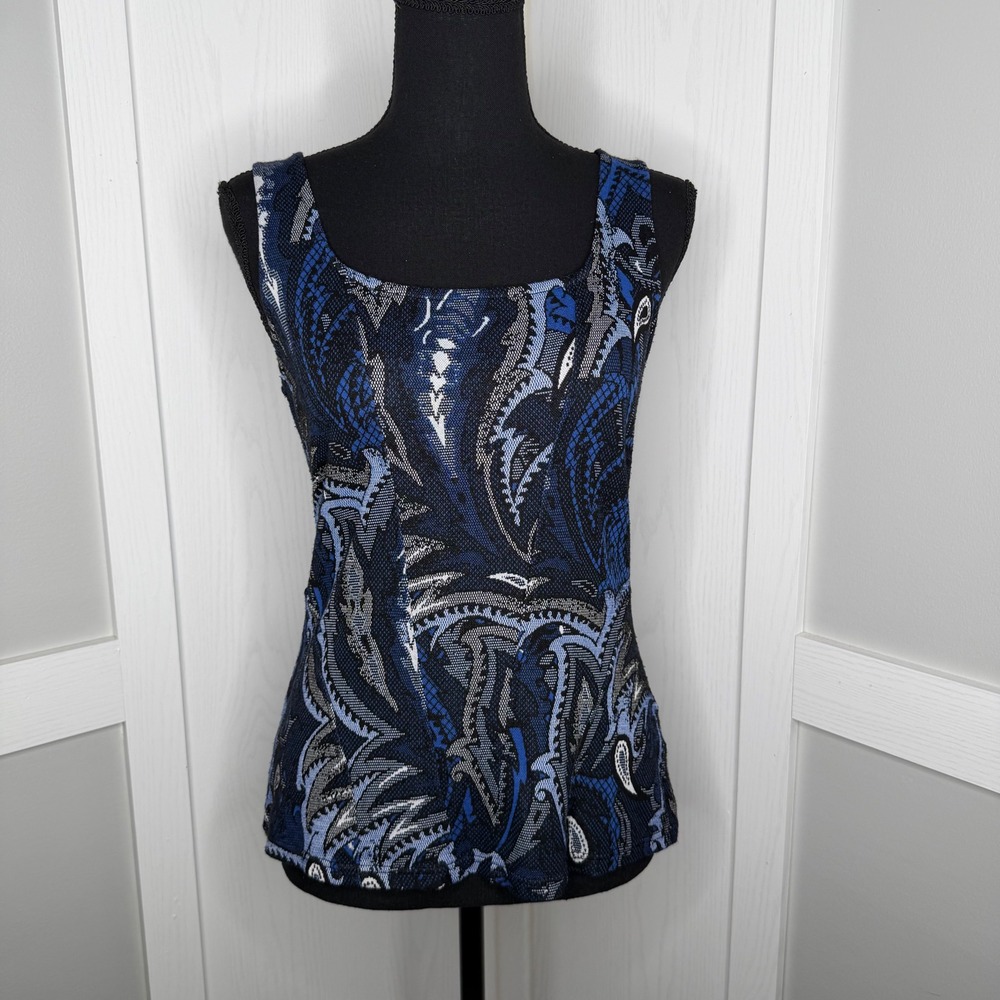 White House Black Market Tank Top Womens Medium Blue Paisley Stretch Knit